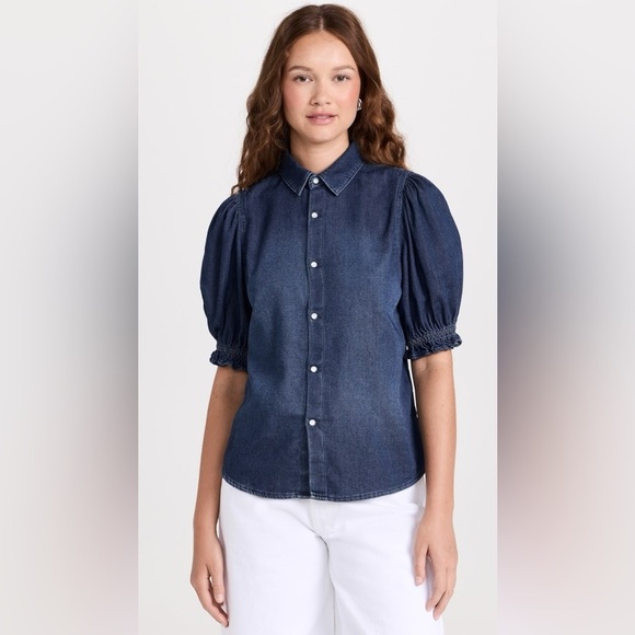 Ba&sh Honey Puff Short Sleeve Blue Denim Top - Picture 2 of 10